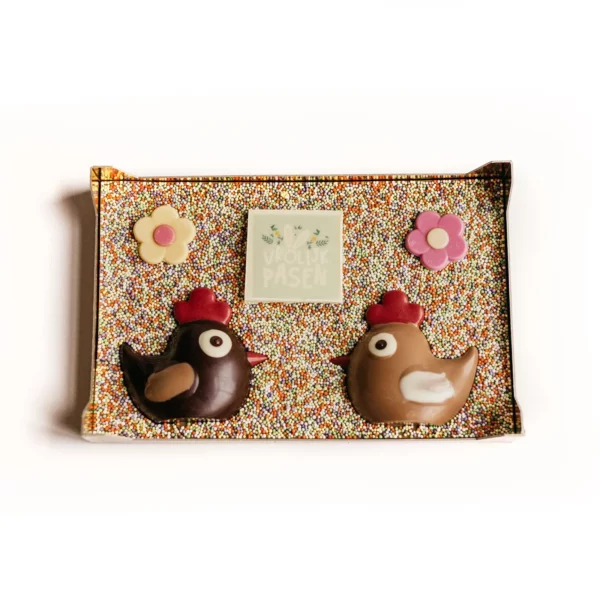 Doos gevuld met plak chocolade en paaskipjes